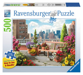 Ravensburger Rooftop Garden puzzle cover, vibrant city garden scene for focused, relaxing play.