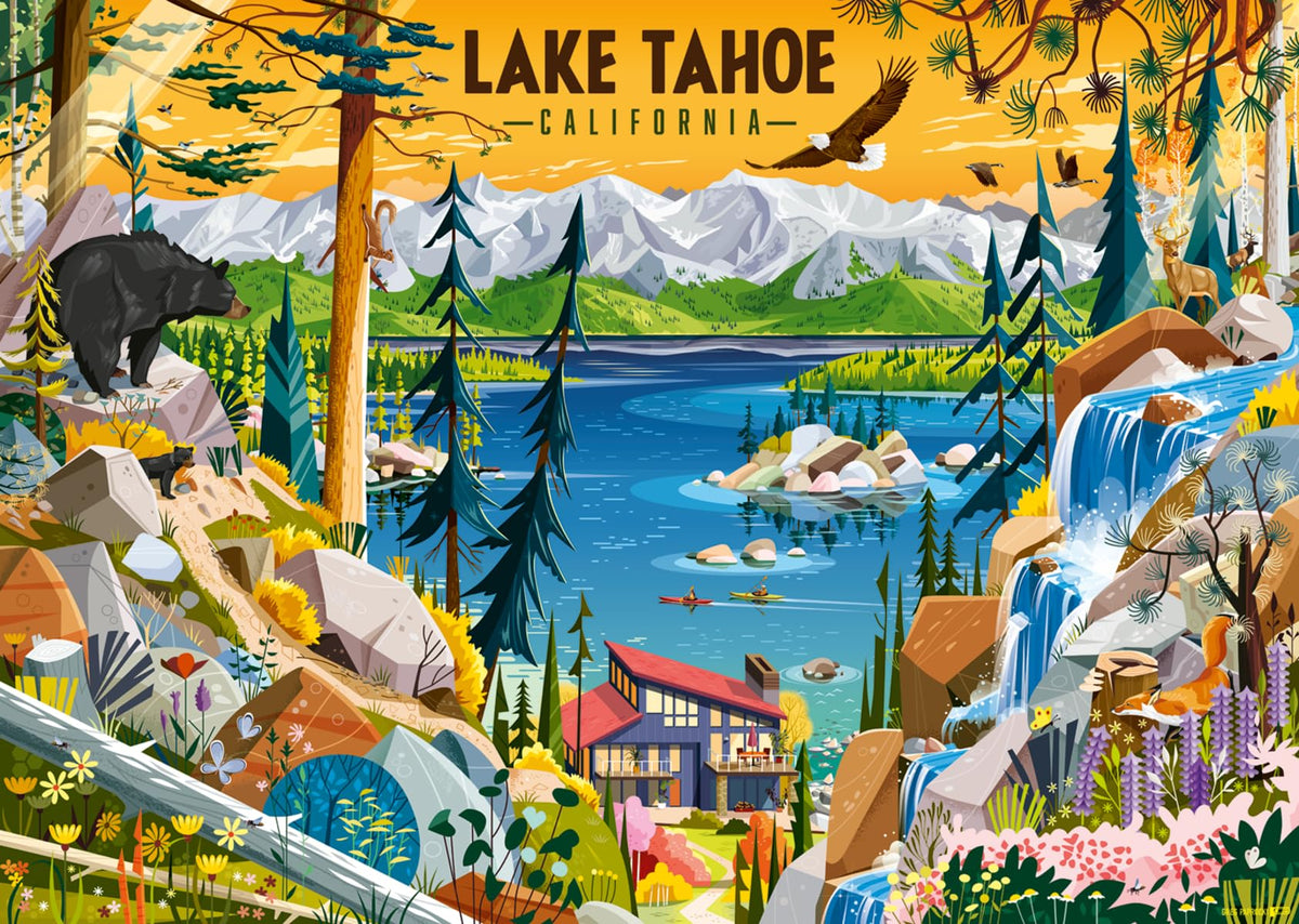 Ravensburger Sacred Lake Tahoe puzzle front cover, serene lake and mountains.