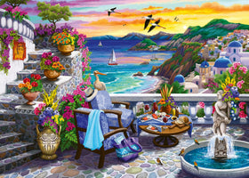 Ravensburger Santorini Sunset puzzle cover with vibrant colors for a relaxing puzzle session.