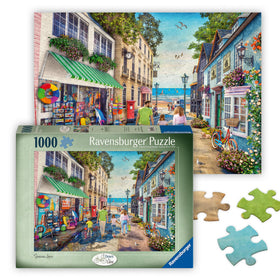 Ravensburger Seaview Lane puzzle shows a coastal street scene, ideal for relaxing evenings.
