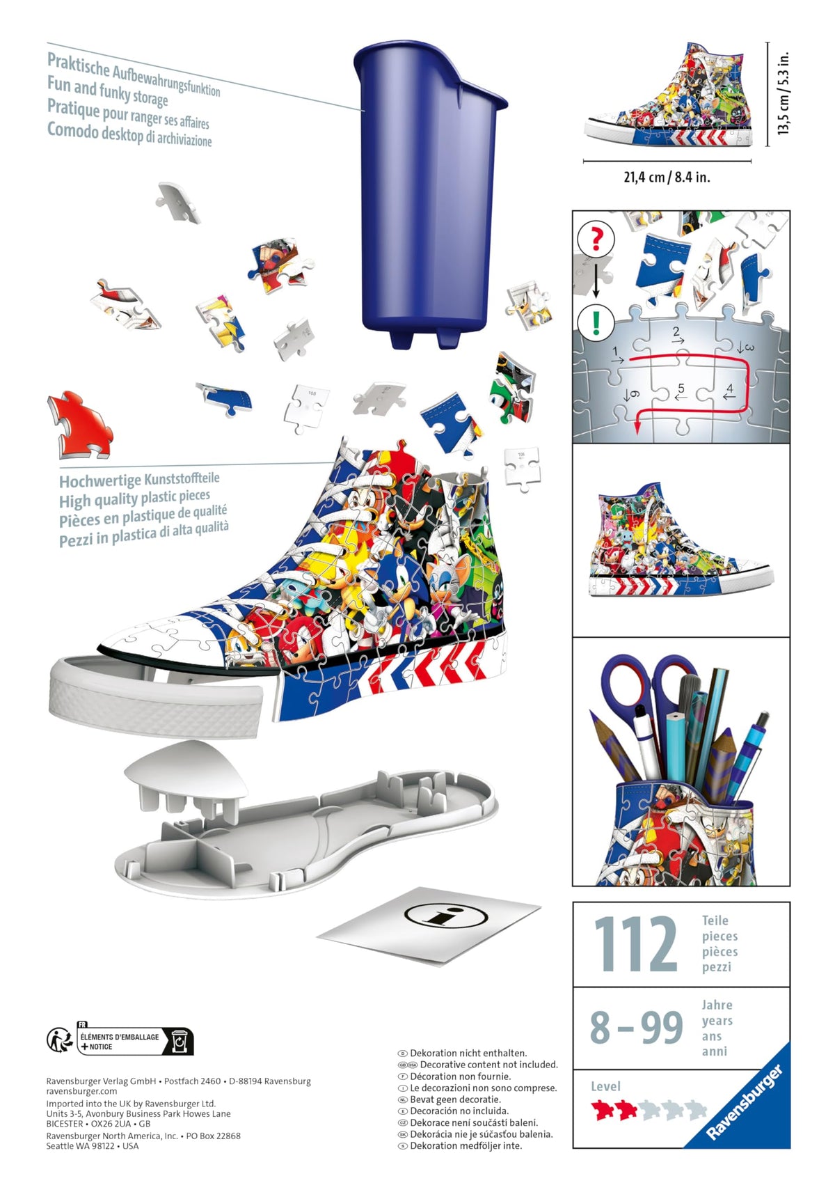 Ravensburger Sonic Sneaker Dimensions roughly 21.4 cm long and 13.5 cm high.