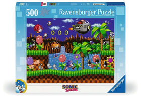 Ravensburger Sonic The Hedgehog 500-piece puzzle with vivid imagery for family time.