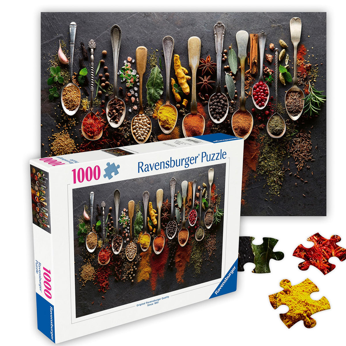 Ravensburger Spices from All Over the World puzzle cover with vibrant spices inviting culinary exploration
