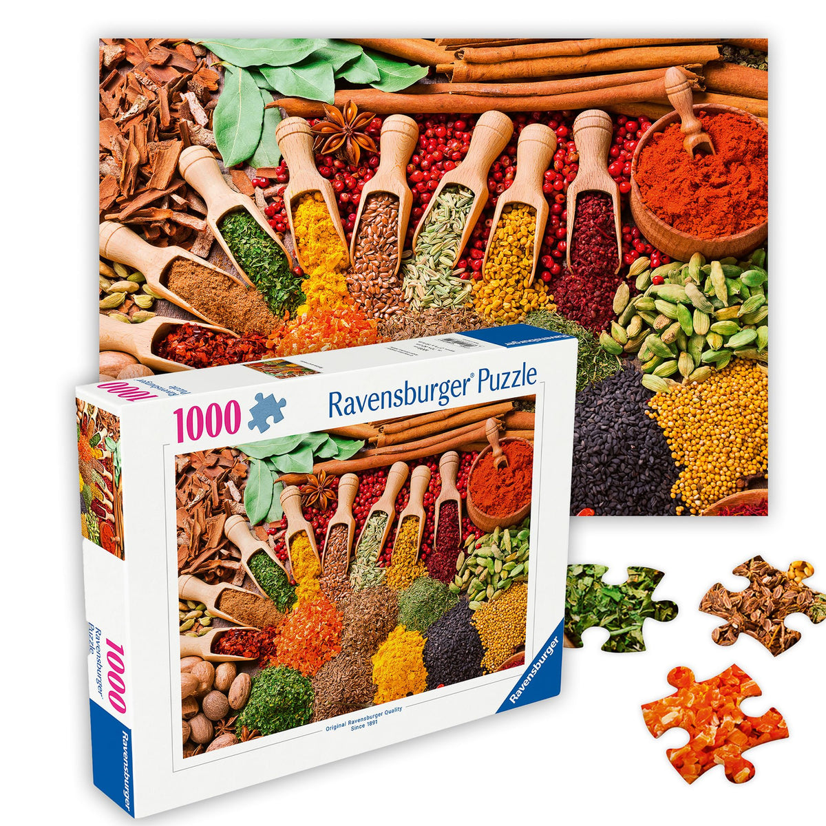 Ravensburger spices and herbs market scene puzzle, vivid colors for culinary-inspired focus.