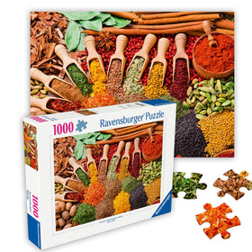 Ravensburger spices and herbs market scene puzzle, vivid colors for culinary-inspired focus.