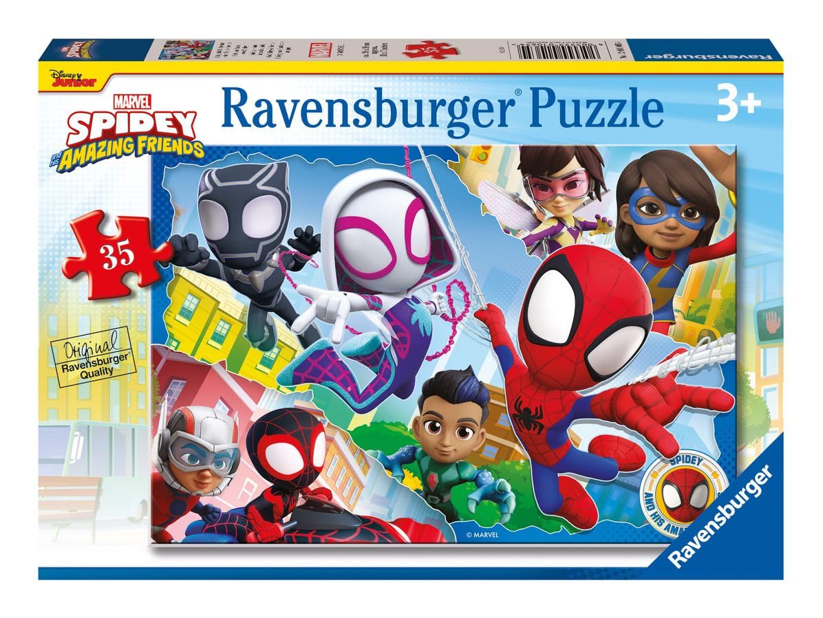 Ravensburger Spidey and His Friends puzzle cover showing Spidey in action, ideal for quiet playtime.