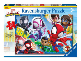 Ravensburger Spidey and His Friends puzzle cover showing Spidey in action, ideal for quiet playtime.