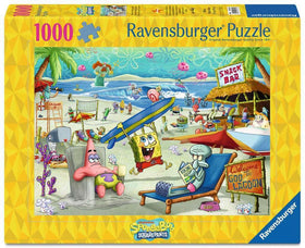 Ravensburger SpongeBob Beach Fun at Goo Lagoon puzzle cover with vibrant colors for mindful relaxation.