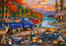 Ravensburger Sunset Lake puzzle shows tranquil lakeside sunset for mindful relaxation