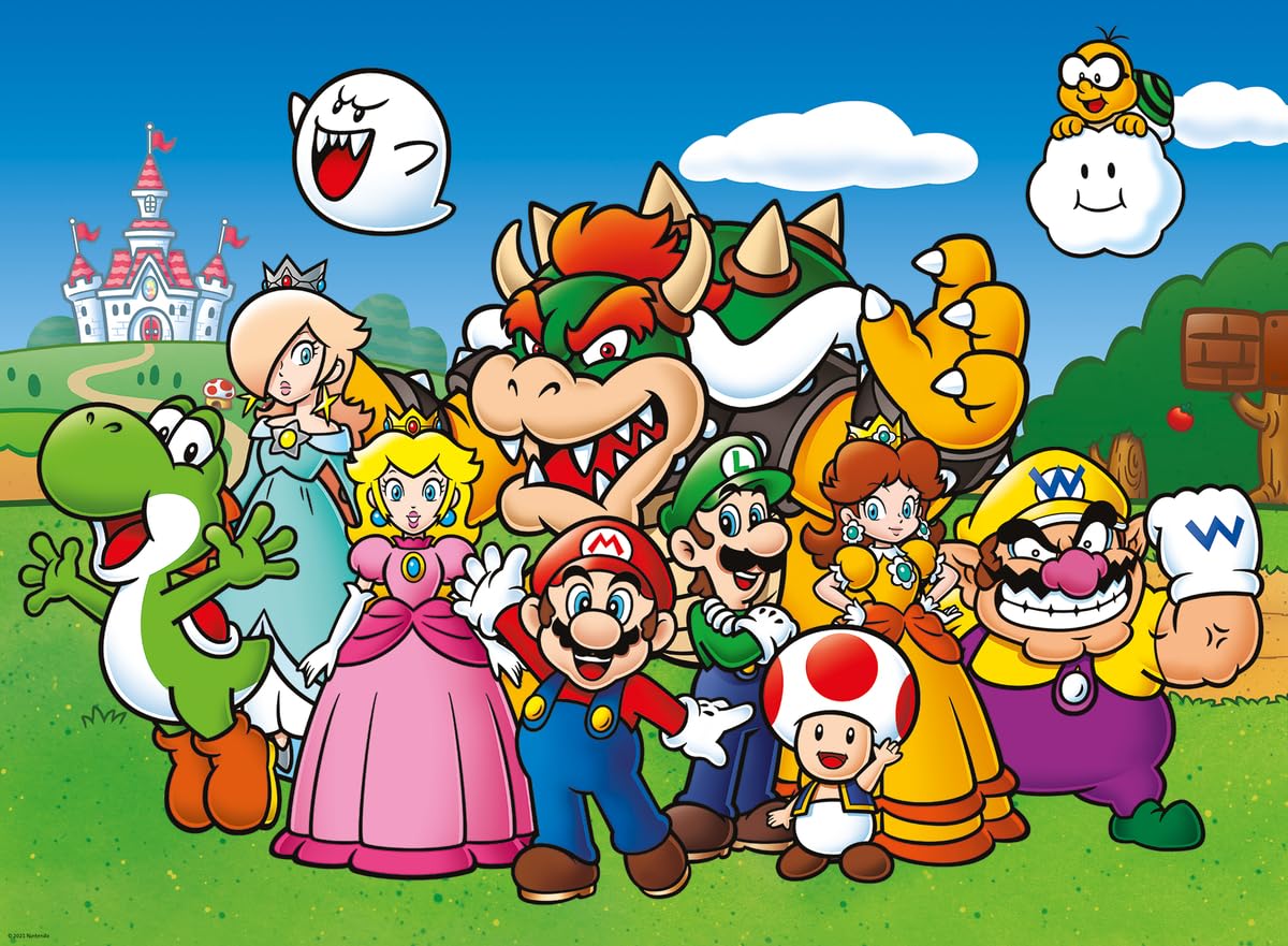 Ravensburger Super Mario 100-piece XXL puzzle assembled scene measures 49 by 36 cm for display.