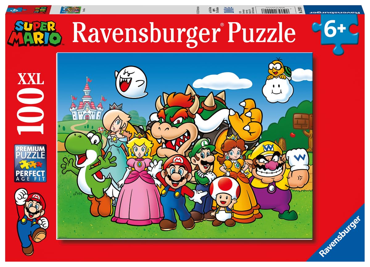 Ravensburger Super Mario 100-piece XXL puzzle front view enhances focus and family playtime.