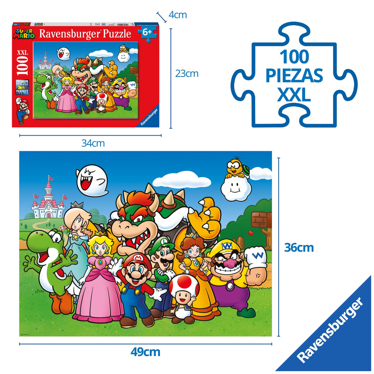 Ravensburger Super Mario 100-piece XXL puzzle kid-friendly design supports early puzzle skills.