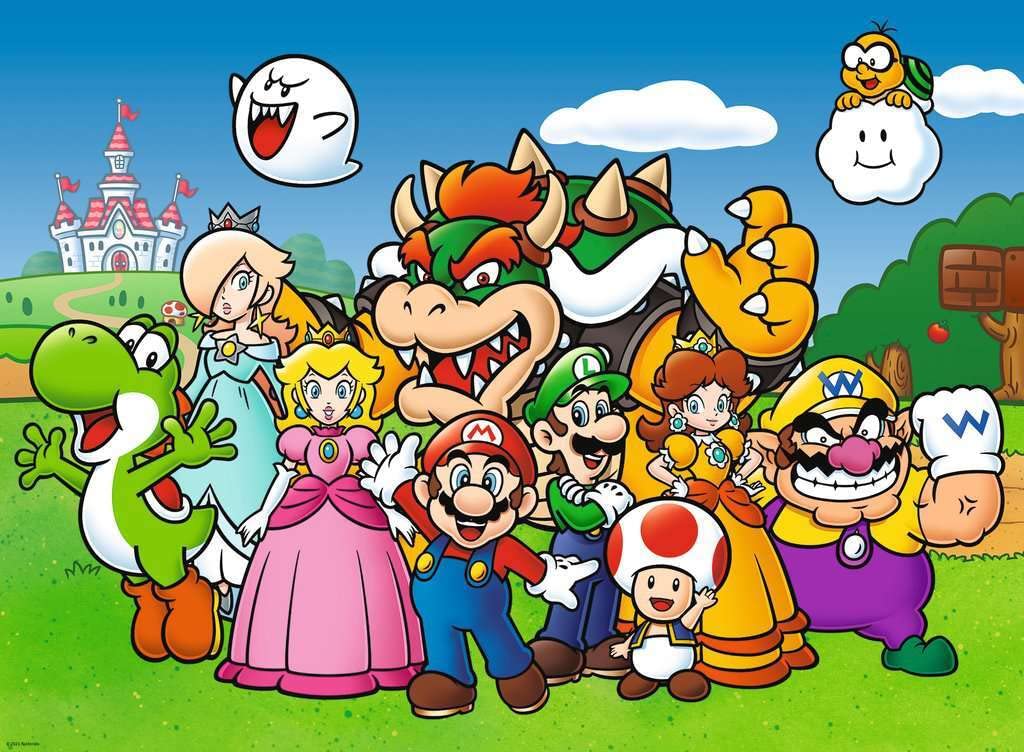 Ravensburger Super Mario 100-piece XXL puzzle characters scene encourages creativity and cooperative play.