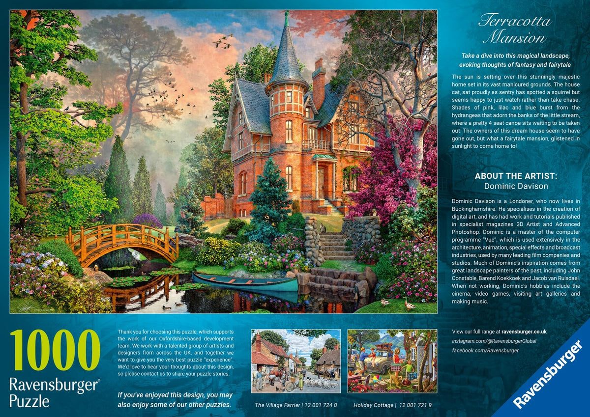 Estate scene from Ravensburger Terracotta Mansion puzzle highlighting warm tones.