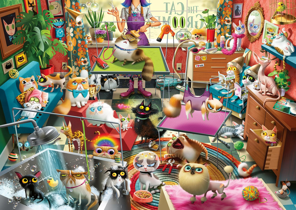 Ravensburger The Cat Groomer: cat under a hairdryer for cozy puzzling.
