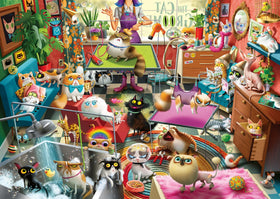 Ravensburger The Cat Groomer: cat under a hairdryer for cozy puzzling.