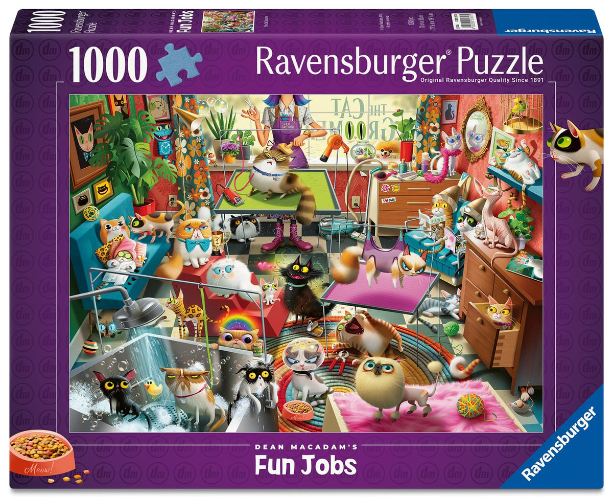 Ravensburger The Cat Groomer cucumber-eye mask scene, playful relaxation.