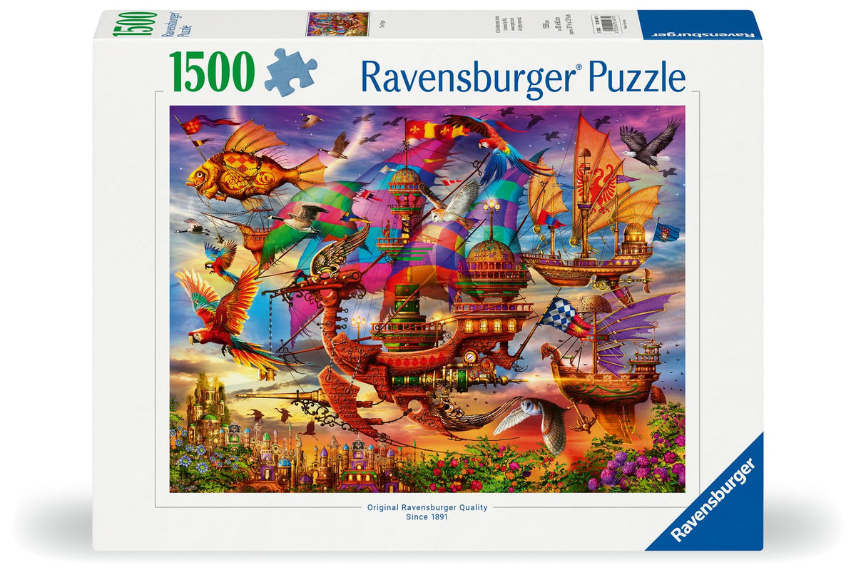 Ravensburger The Flight puzzle shows scarlet macaws in flight for focused play