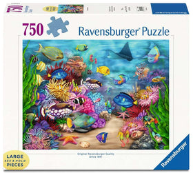 Ravensburger Tropical Reef Life puzzle box front with bold colors for family puzzle time