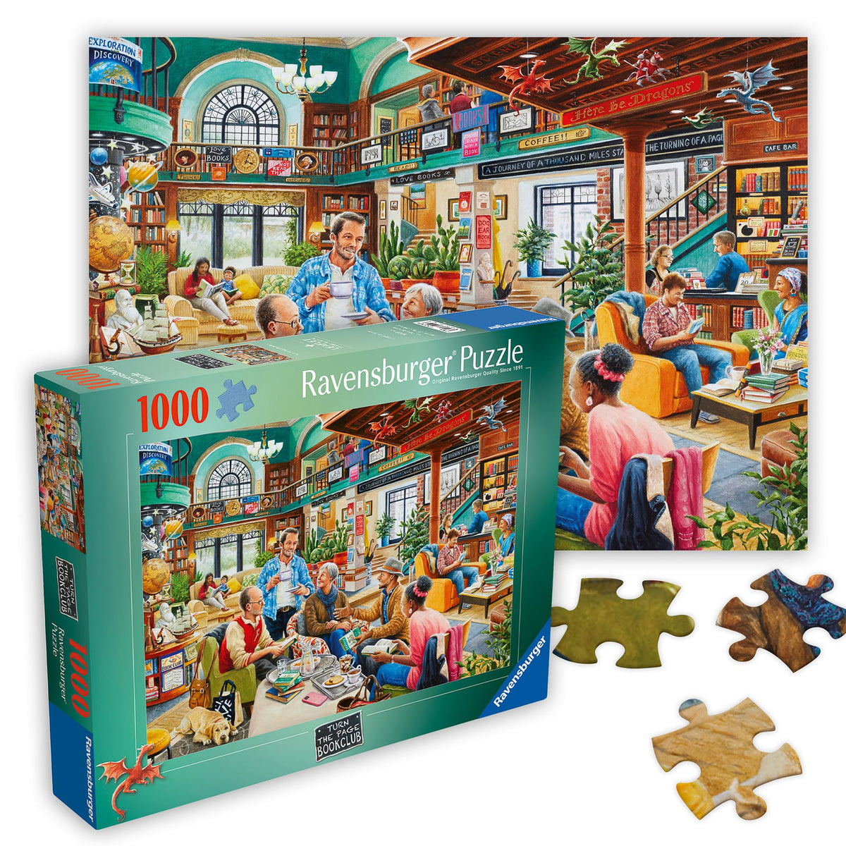 Ravensburger Turn the Page Bookclub 1000-piece puzzle featuring a cozy library scene for mindful relaxation.