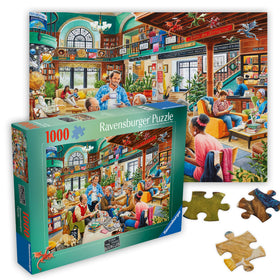 Ravensburger Turn the Page Bookclub 1000-piece puzzle featuring a cozy library scene for mindful relaxation.