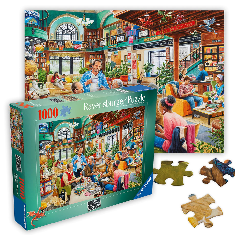 Ravensburger Turn the Page Bookclub 1000-piece puzzle featuring a cozy library scene for mindful relaxation.