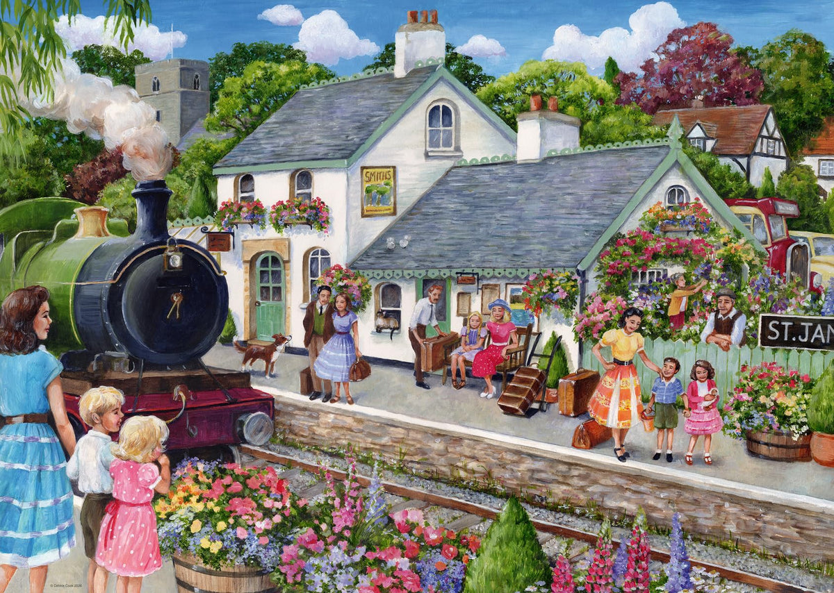 Ravensburger Whistle Stop Cottage cover, tranquil village scene for mindful, relaxing puzzling.