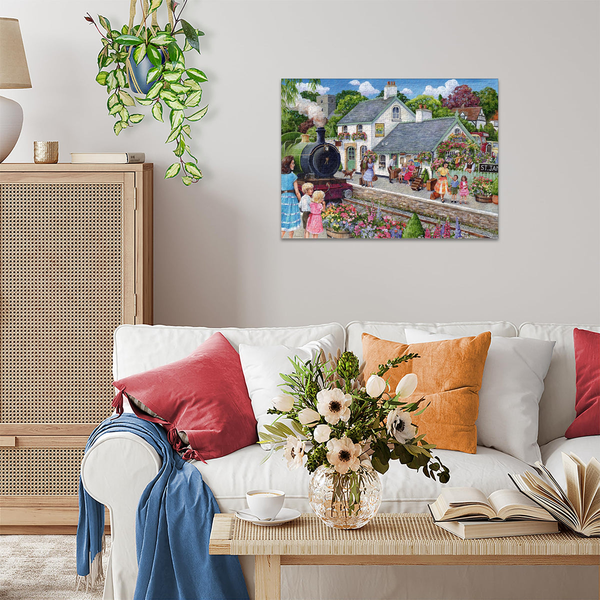 Ravensburger Whistle Stop Cottage railway scene, detailed imagery to spark nostalgia and focus.