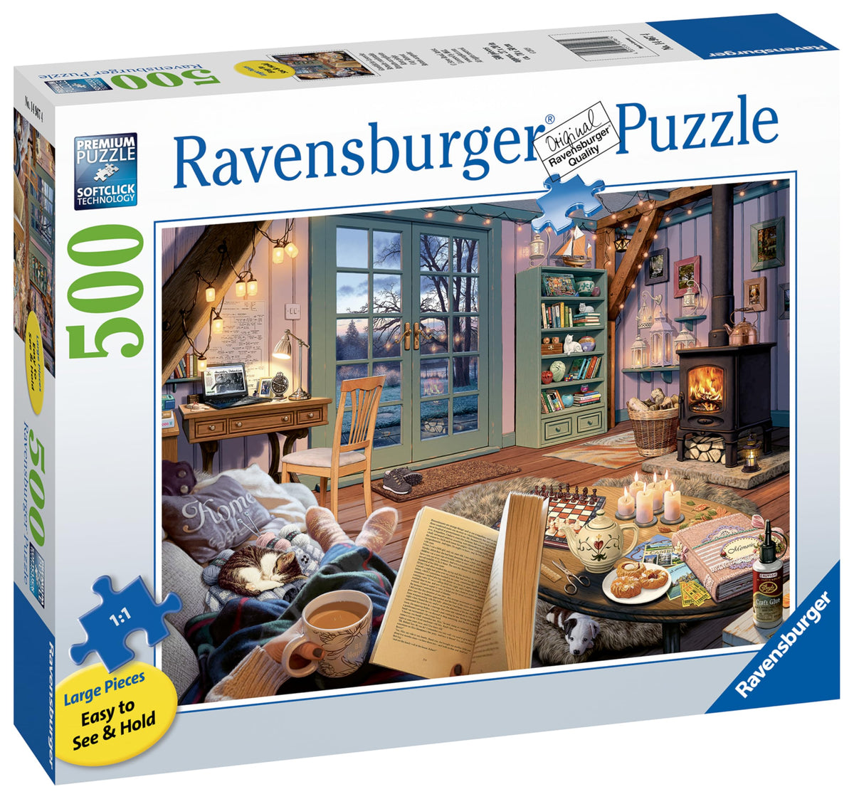 Ravensburger Winter cabin puzzle glow supports cozy family evenings.