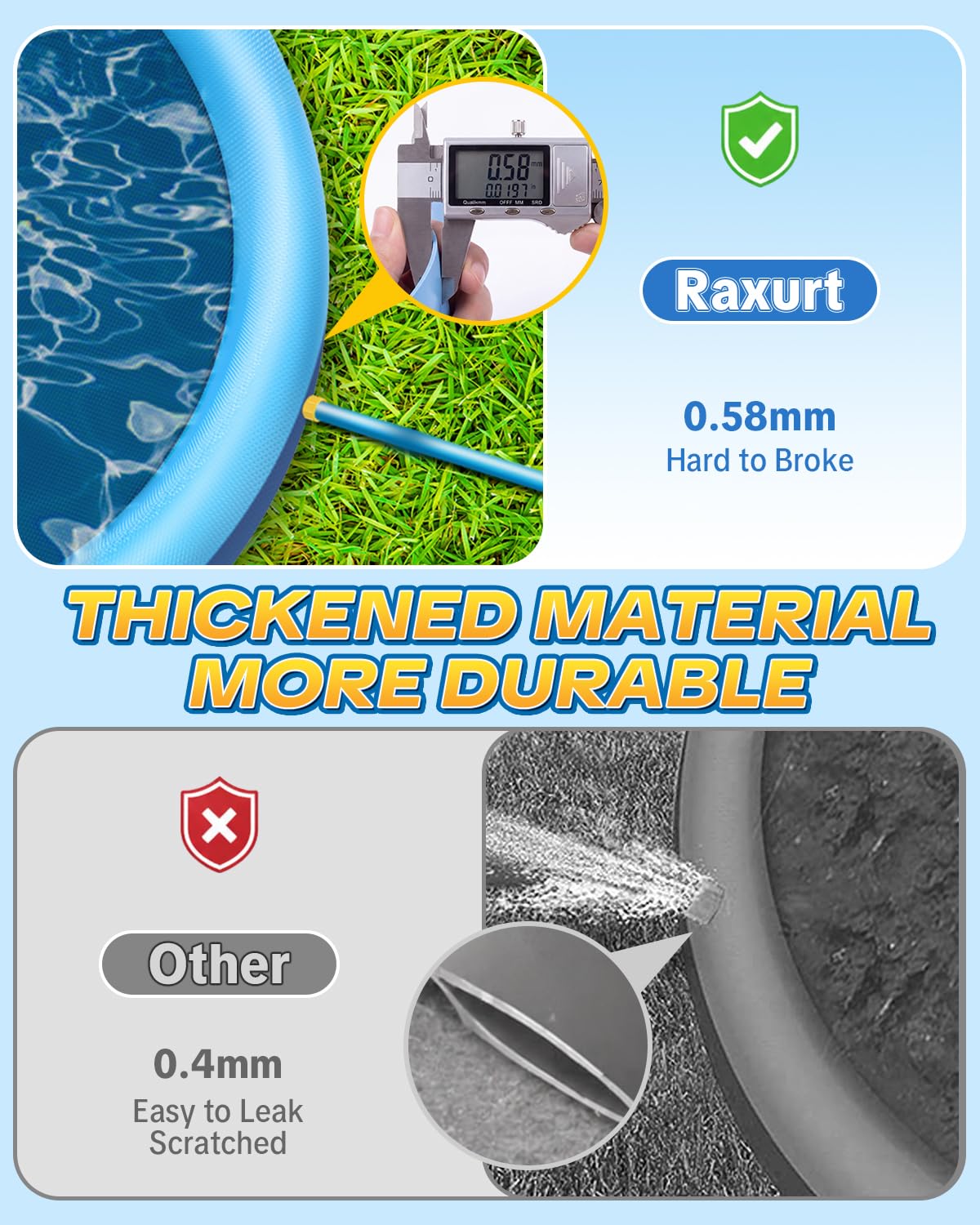 Raxurt splash pad uses bottom inlet to reduce leaks and secure setup.