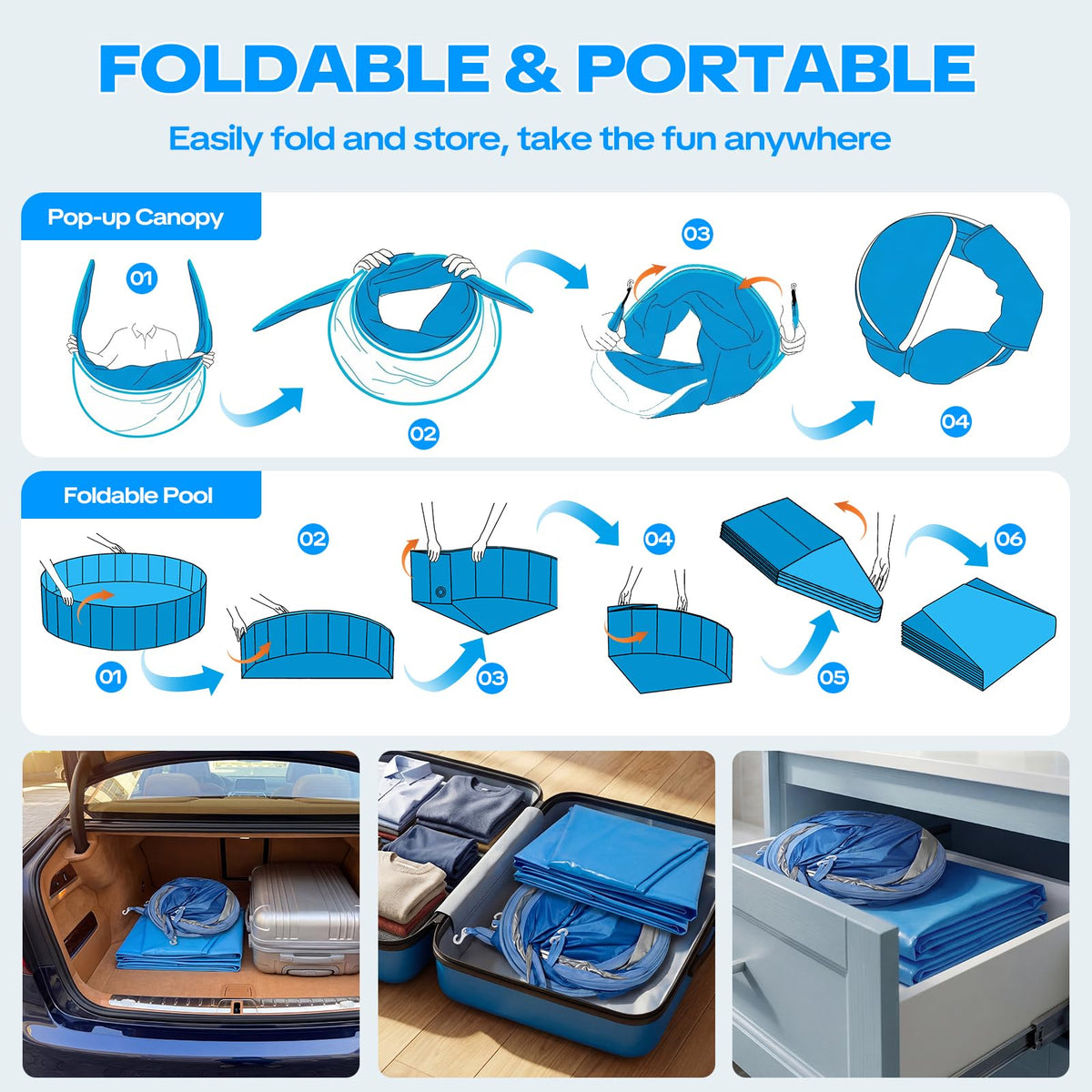 Raxurt pool folds flat for portable storage and travel