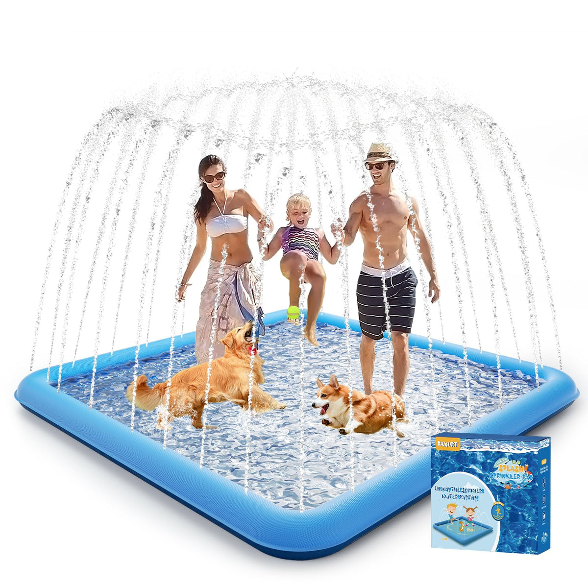 Raxurt Splash Pad large play area for kids and pets, ideal for backyard fun.