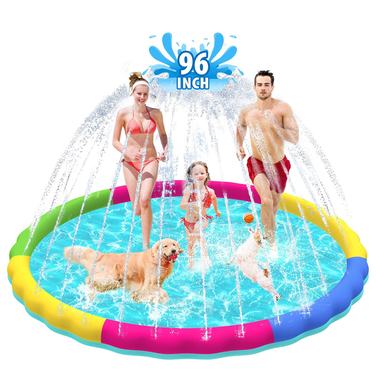 Raxurt Splash Pad 97-inch XXL pool for kids and dogs, spacious and safe.