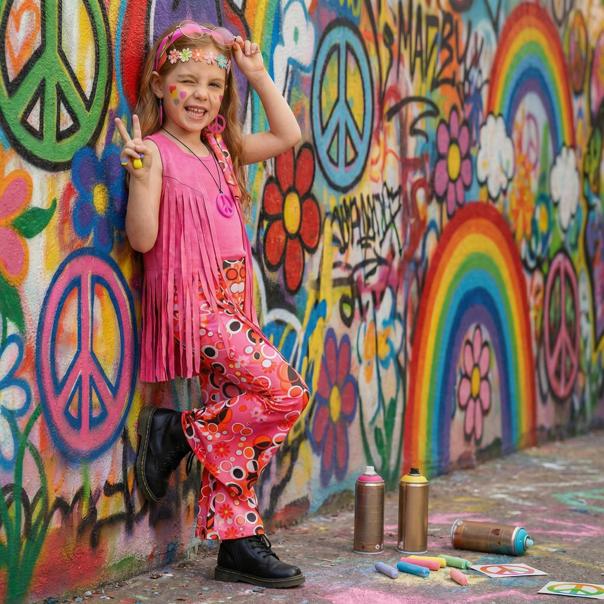 Rayekrot hippie costume colorful daisy headband for complete look.