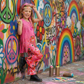 Rayekrot hippie costume colorful daisy headband for complete look.