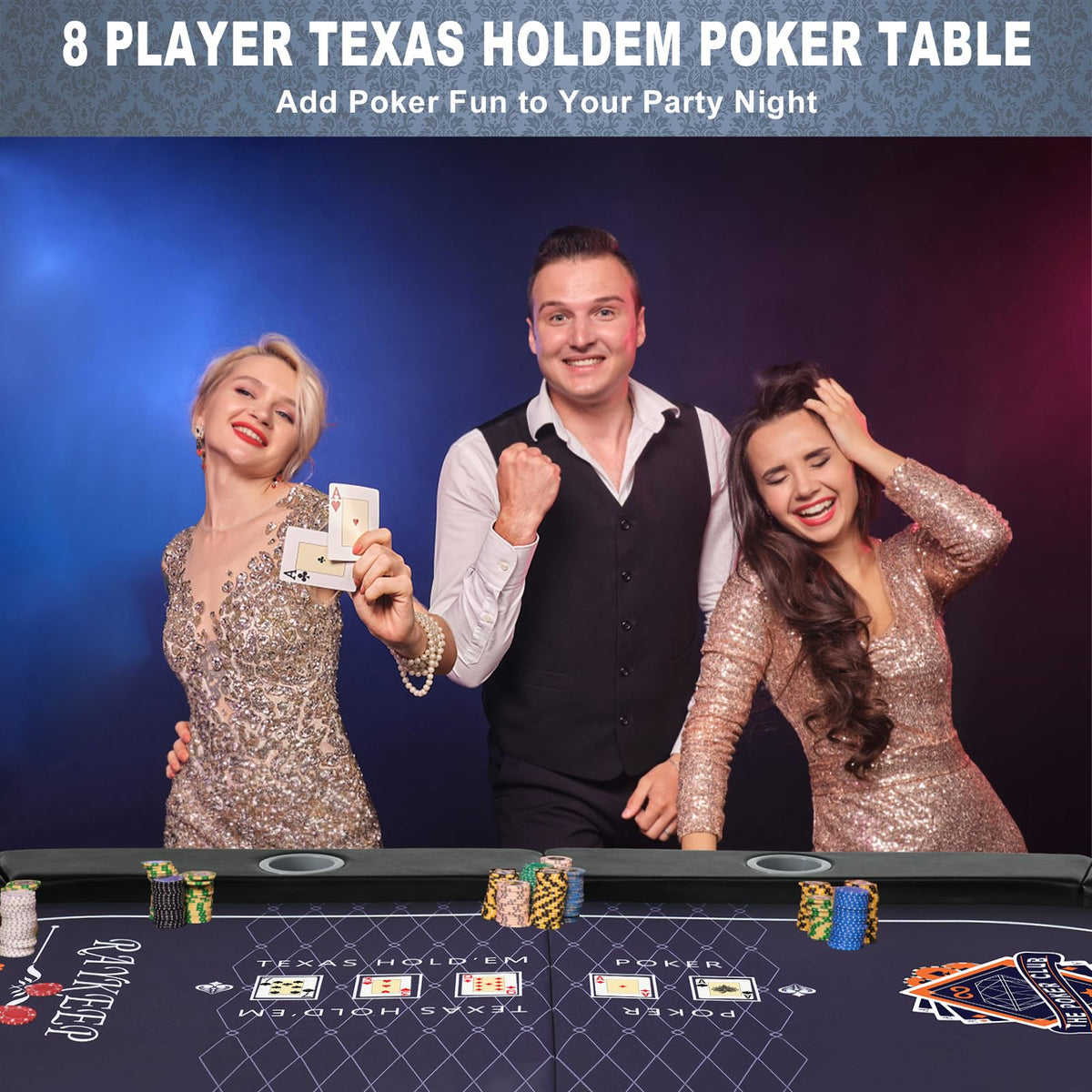 RAYKEEP texas-holdem-ready layout accommodates six to eight players.