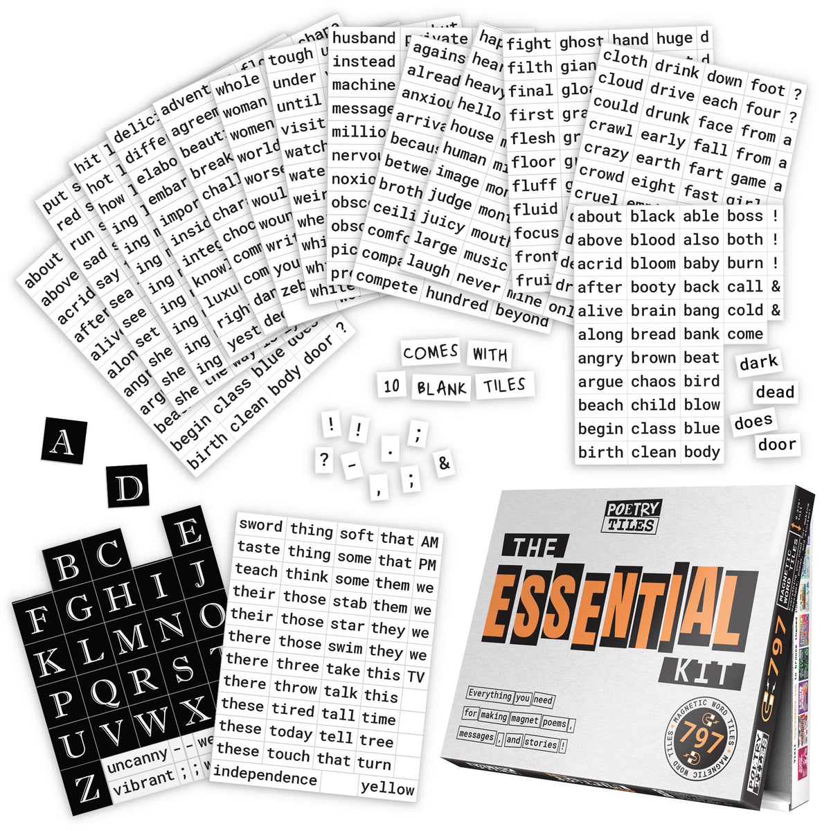 Rayliad Essential Kit of Word Magnets shows 797 tiles for boundless fridge poetry possibilities.