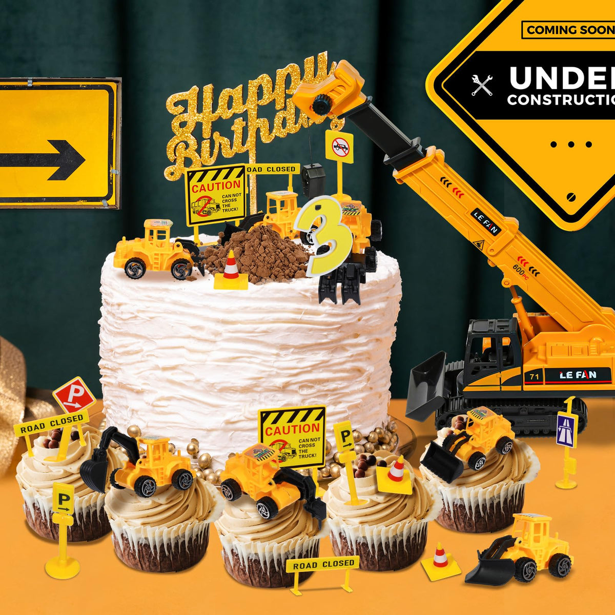 RAYNAG construction party decor topper for themed birthday cake embellishment