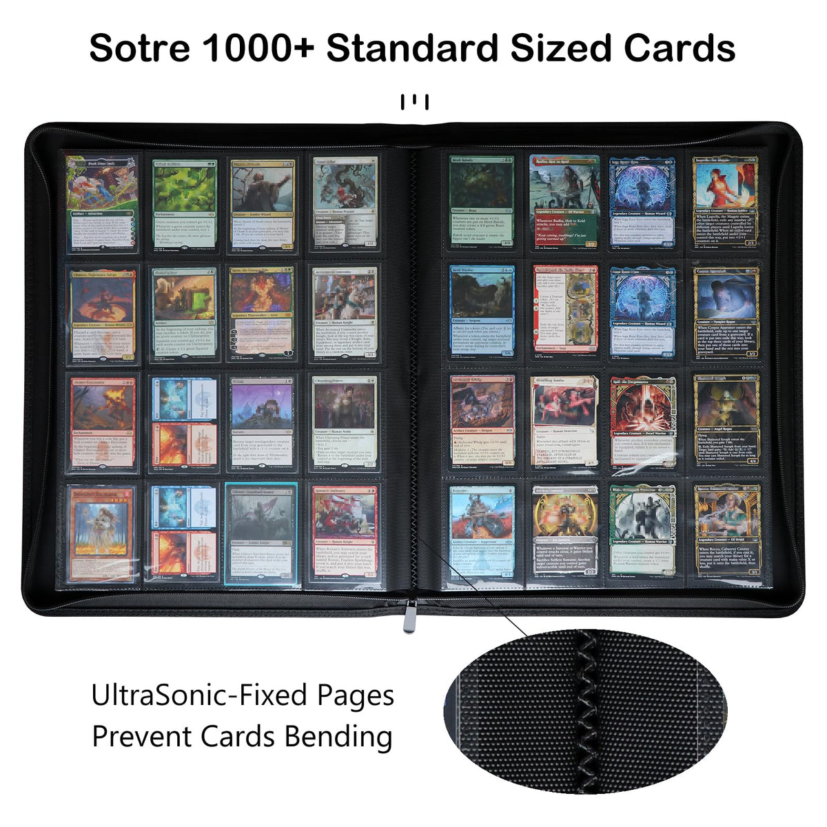 Rayvol binder open spine reveals 16-pocket pages for quick card access.