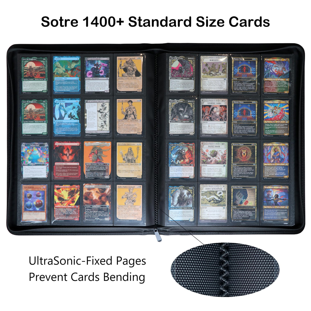 Rayvol premium binder side-loading pocket safeguards cards from accidental loss.