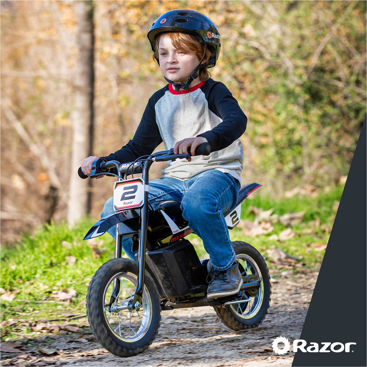 Razor MX125 rear view highlights rear-wheel drive stability for safe off-road play