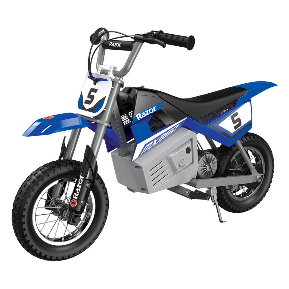 Razor MX350 blue dirt rocket side view for kids' off-road fun.