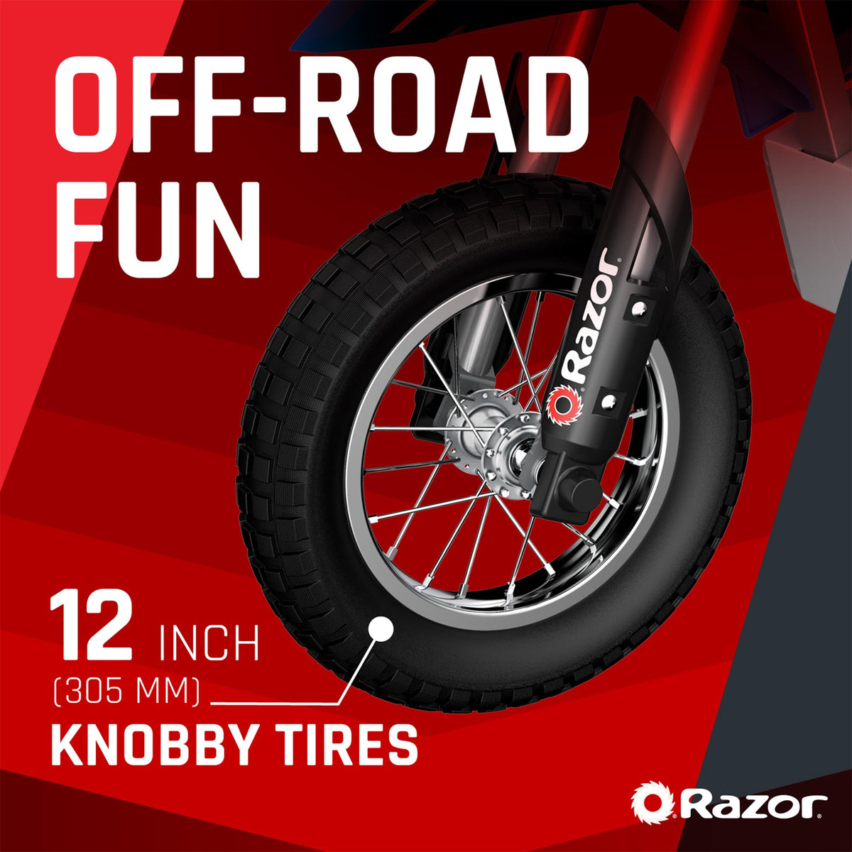 Razor MX350 rear view highlighting durable frame and knobby tires for dirt paths.
