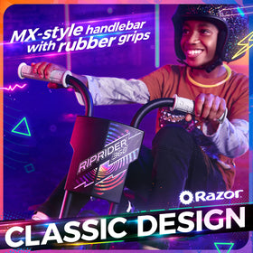 MX-style handlebar with soft grips on Razor RipRider 360 Lightshow for comfortable steering
