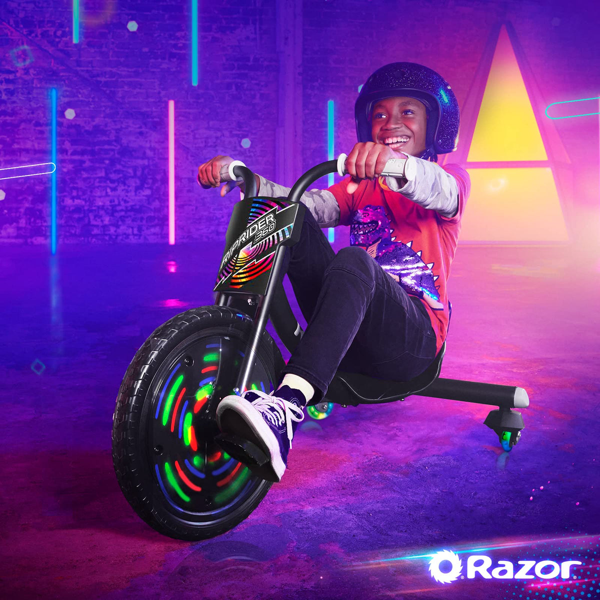 Rugged welded steel frame supports energetic play on Razor RipRider 360 Lightshow
