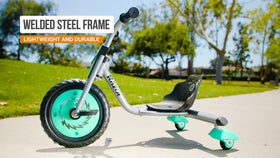 Razor RipRider 360 Mini flat-free front tire reduces maintenance while rolling.