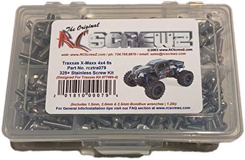 RCScrewZ tra079 kit contents for Traxxas X-Maxx 8s show stainless fasteners for corrosion resistance.