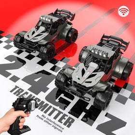 RC Tech RC Truck with LED headlights illuminated at night for dramatic nighttime play.