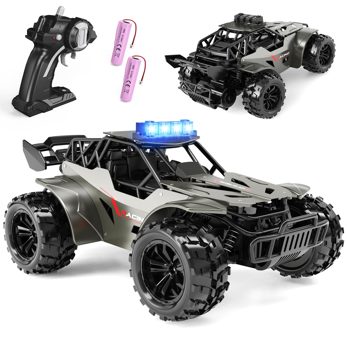 RC Tech remote control car, top view, highlighting stable 2.4GHz control for quick racing.
