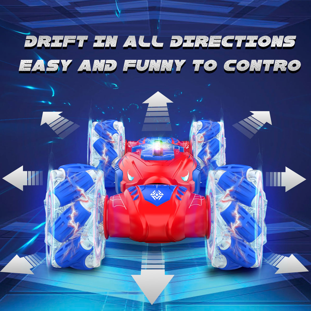 Rcabcar gesture-sensing RC stunt car performing side drift action.